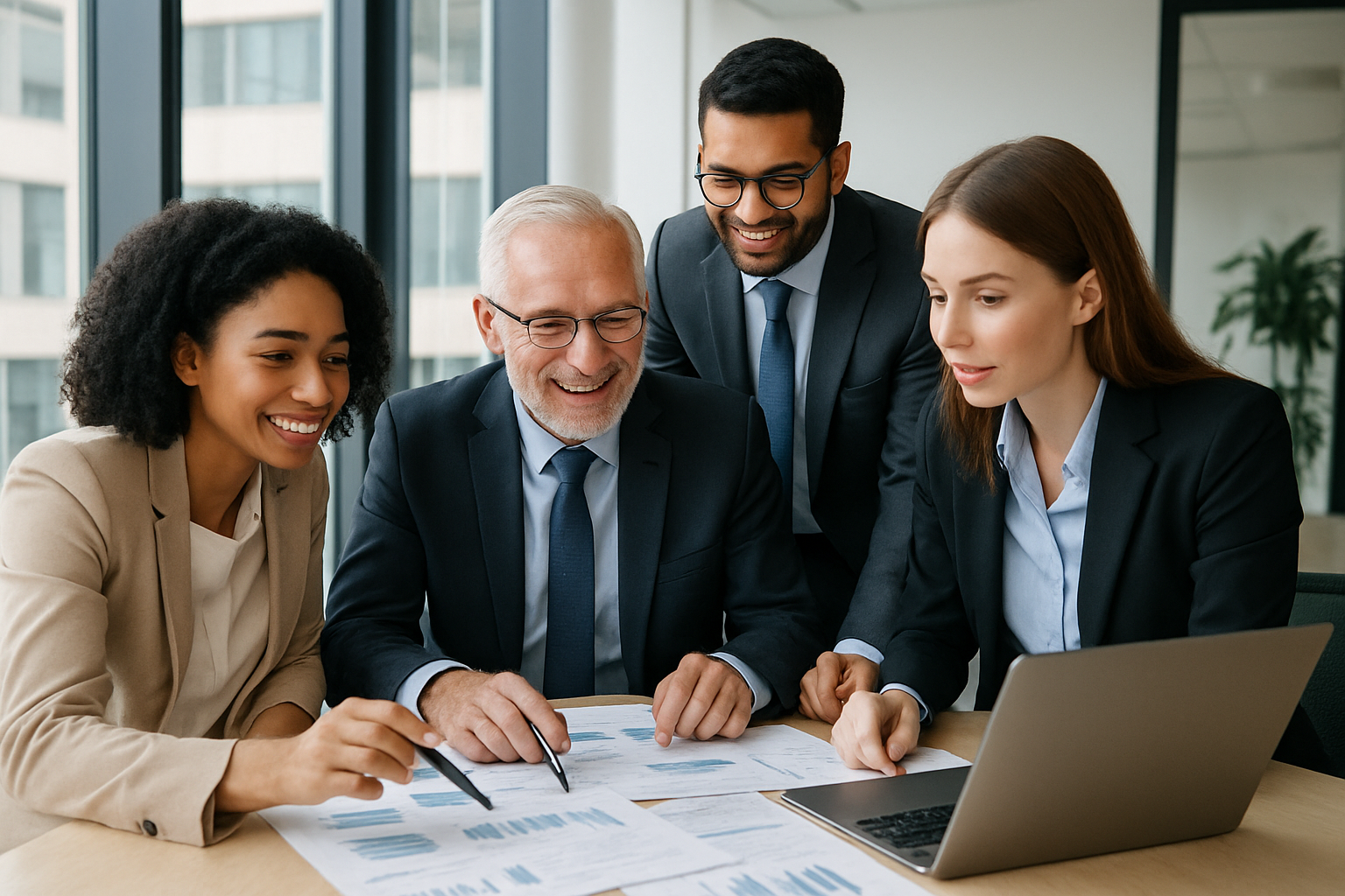 Team collaborating around a desk with documents and laptop, representing strategic planning in a modern corporate office