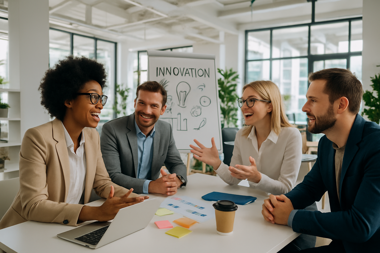 Brand leaders and creatives discussing innovation in a bright, open workspace