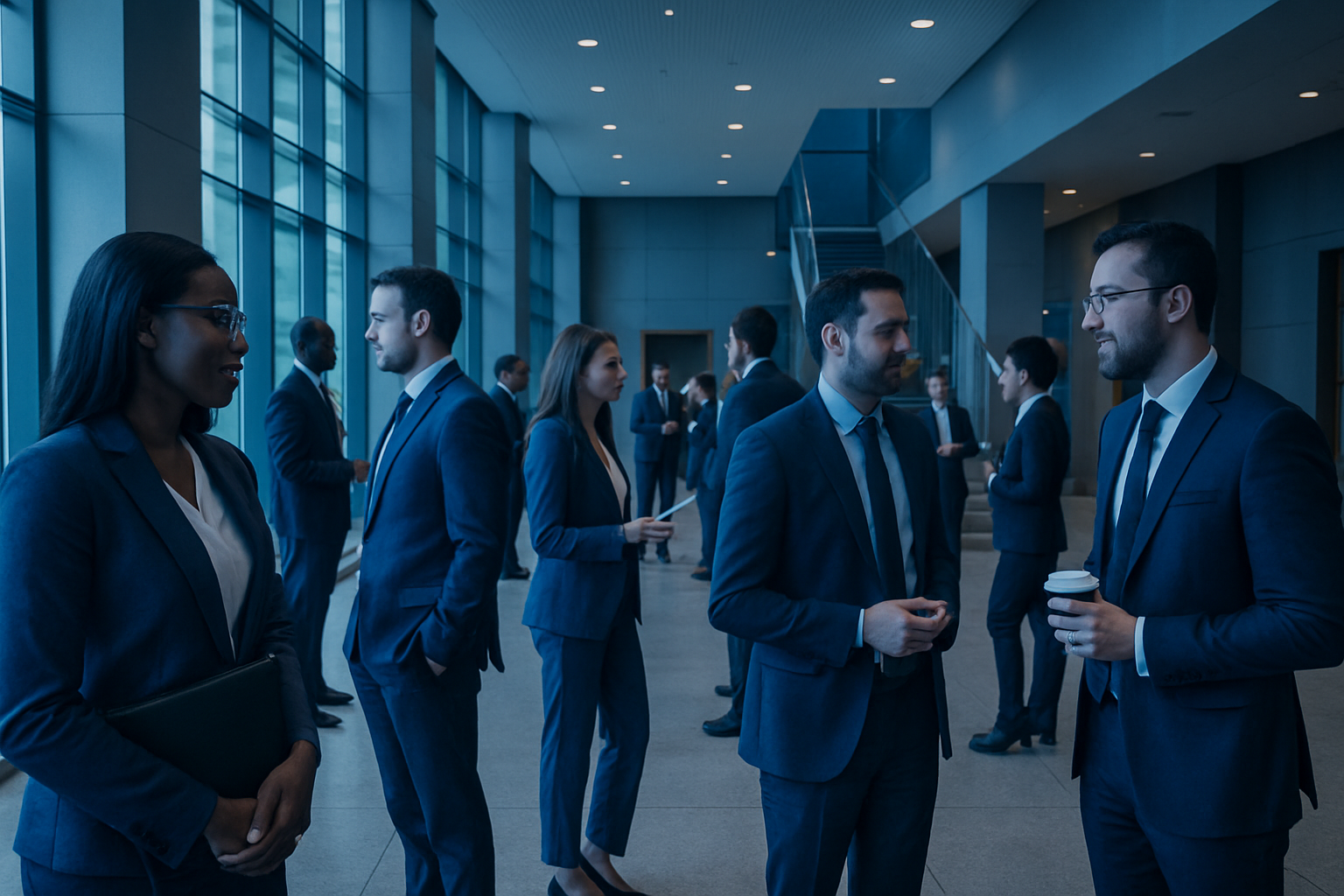 Modern business environment with professionals networking in an elegant lobby