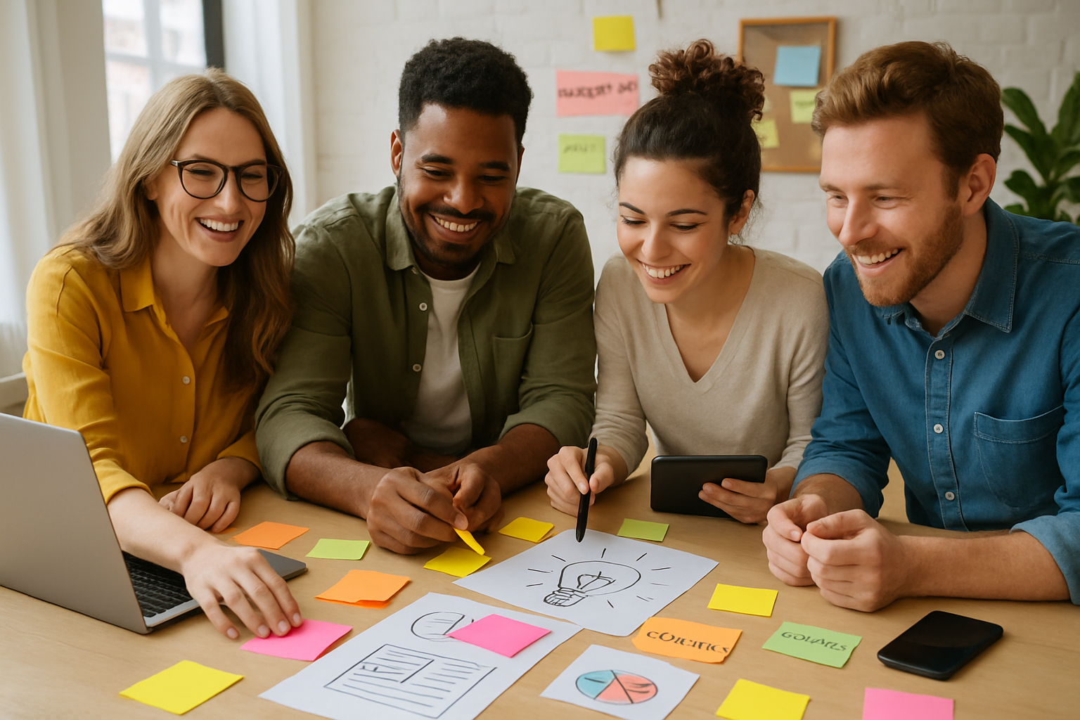 Creative marketing team brainstorming with sticky notes and digital devices in a bright workspace