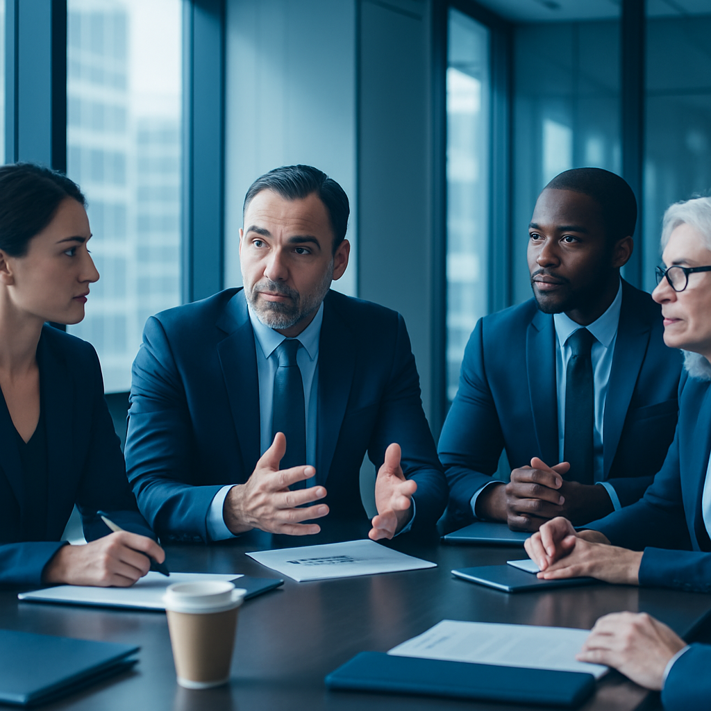 Corporate team collaborating in a modern glass office, conveying professionalism and brand empowerment