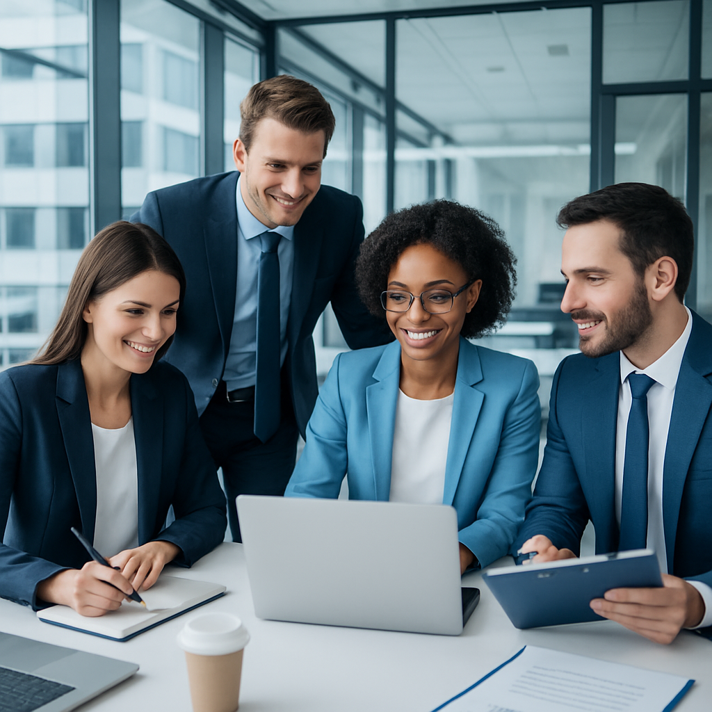Business leaders in a boardroom, discussing strategy in a bright, upscale corporate setting