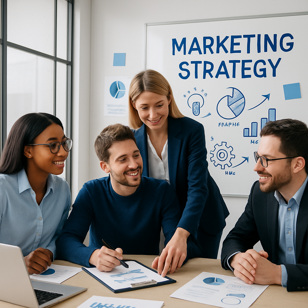 Professional team reviewing growth charts and strategy documents in a sleek business environment