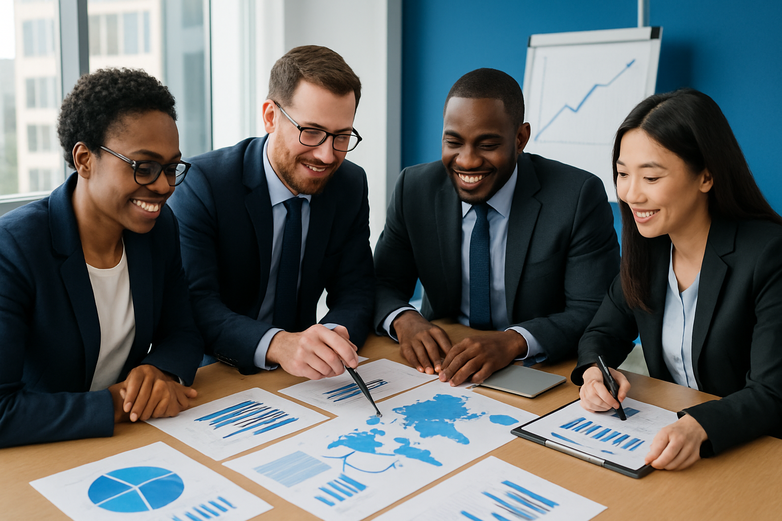 Business professionals celebrating success in a modern office with city views